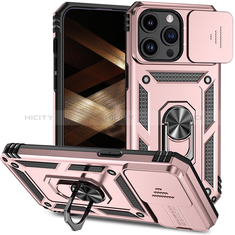 Silikon Hülle Handyhülle und Kunststoff Schutzhülle Hartschalen Tasche mit Magnetisch Fingerring Ständer MQ1 für Apple iPhone 13 Pro Max Rosegold