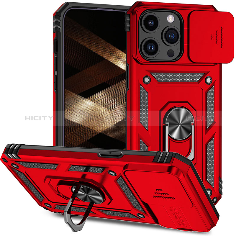 Silikon Hülle Handyhülle und Kunststoff Schutzhülle Hartschalen Tasche mit Magnetisch Fingerring Ständer MQ1 für Apple iPhone 13 Pro Rot Plus