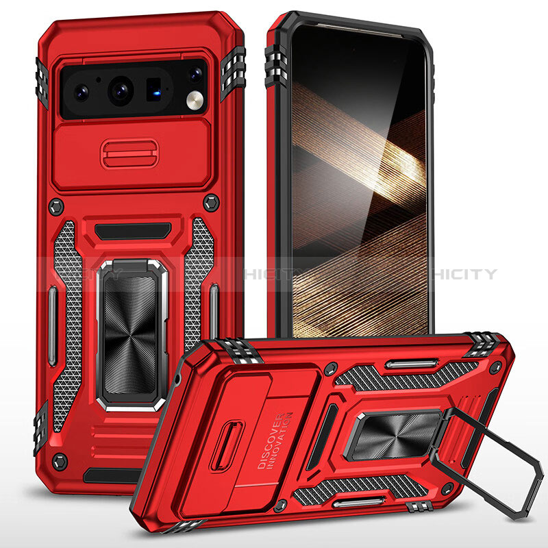 Silikon Hülle Handyhülle und Kunststoff Schutzhülle Hartschalen Tasche mit Magnetisch Fingerring Ständer MQ1 für Google Pixel 8 Pro 5G Rot