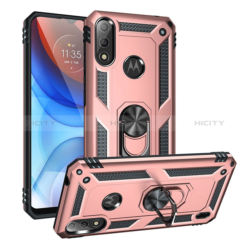 Silikon Hülle Handyhülle und Kunststoff Schutzhülle Hartschalen Tasche mit Magnetisch Fingerring Ständer MQ1 für Motorola Moto E7 Power Rosegold Plus