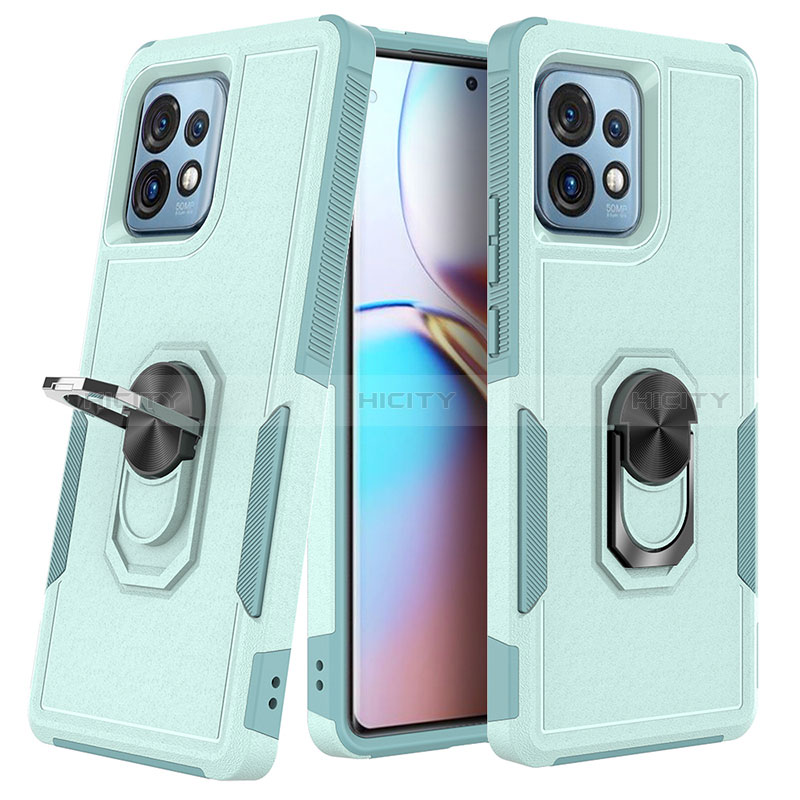 Silikon Hülle Handyhülle und Kunststoff Schutzhülle Hartschalen Tasche mit Magnetisch Fingerring Ständer MQ1 für Motorola Moto Edge 40 Pro 5G Cyan