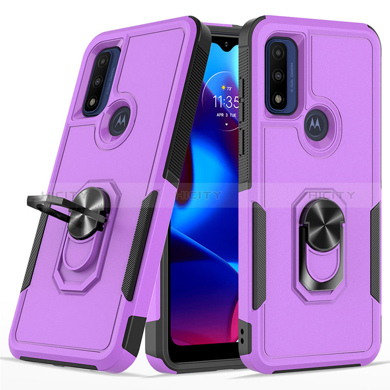 Silikon Hülle Handyhülle und Kunststoff Schutzhülle Hartschalen Tasche mit Magnetisch Fingerring Ständer MQ1 für Motorola Moto G Play (2023) Violett