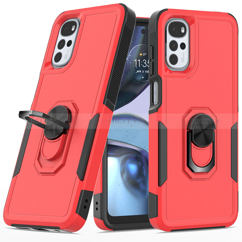 Silikon Hülle Handyhülle und Kunststoff Schutzhülle Hartschalen Tasche mit Magnetisch Fingerring Ständer MQ1 für Motorola Moto G22 Rot