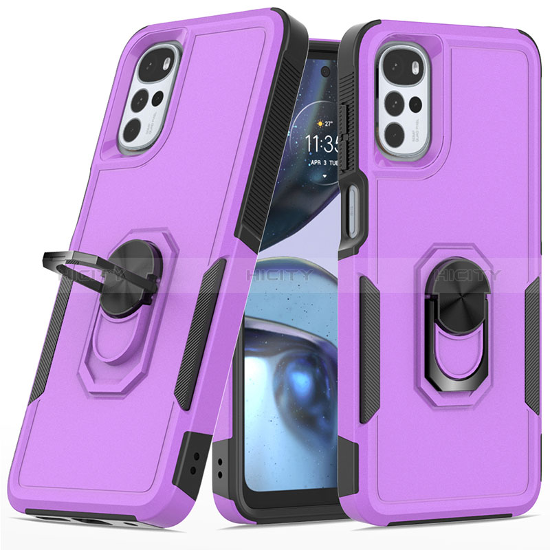 Silikon Hülle Handyhülle und Kunststoff Schutzhülle Hartschalen Tasche mit Magnetisch Fingerring Ständer MQ1 für Motorola Moto G22 Violett