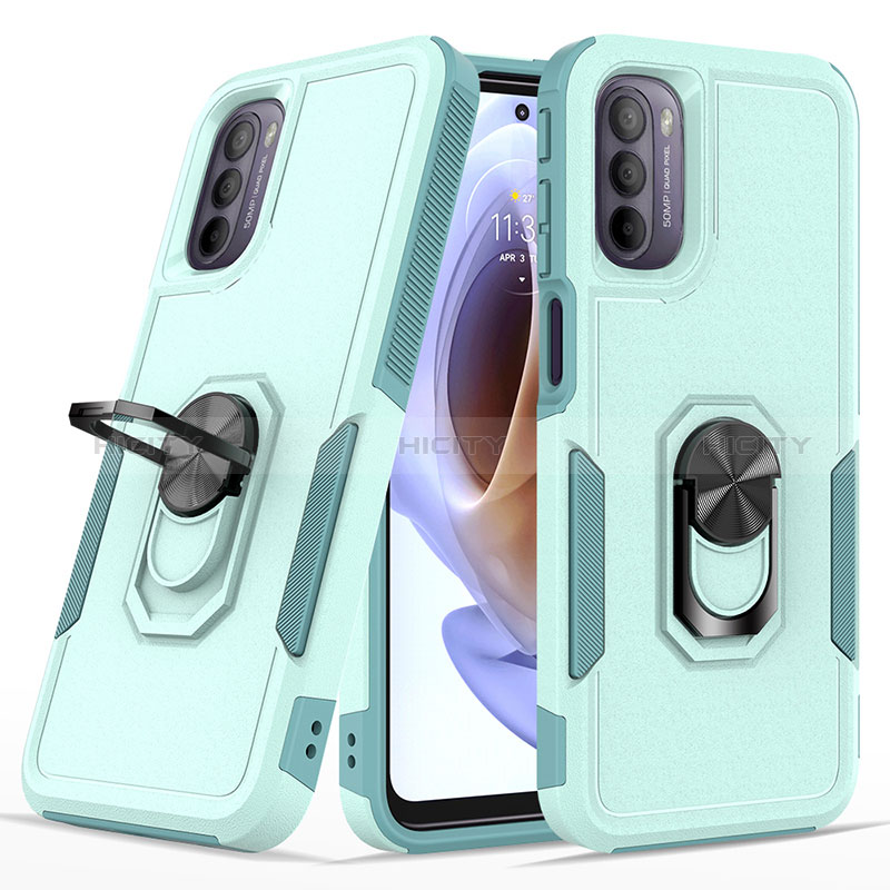 Silikon Hülle Handyhülle und Kunststoff Schutzhülle Hartschalen Tasche mit Magnetisch Fingerring Ständer MQ1 für Motorola Moto G41 Cyan