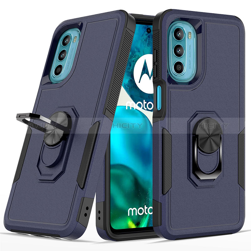 Silikon Hülle Handyhülle und Kunststoff Schutzhülle Hartschalen Tasche mit Magnetisch Fingerring Ständer MQ1 für Motorola Moto G82 5G Blau