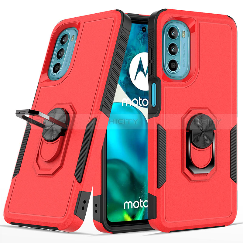 Silikon Hülle Handyhülle und Kunststoff Schutzhülle Hartschalen Tasche mit Magnetisch Fingerring Ständer MQ1 für Motorola Moto G82 5G Rot