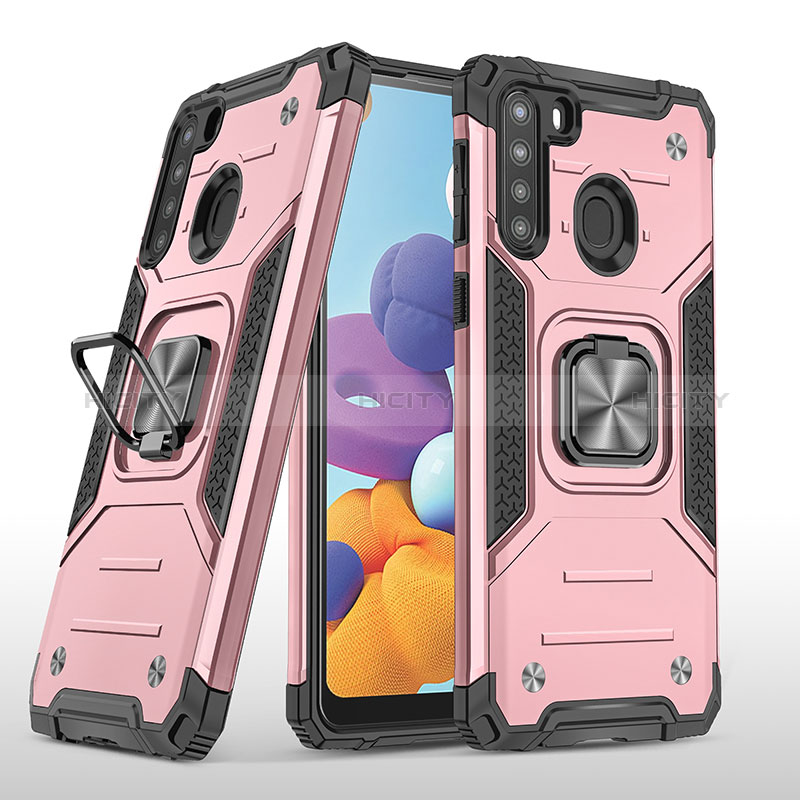 Silikon Hülle Handyhülle und Kunststoff Schutzhülle Hartschalen Tasche mit Magnetisch Fingerring Ständer MQ1 für Samsung Galaxy A21 Rosegold