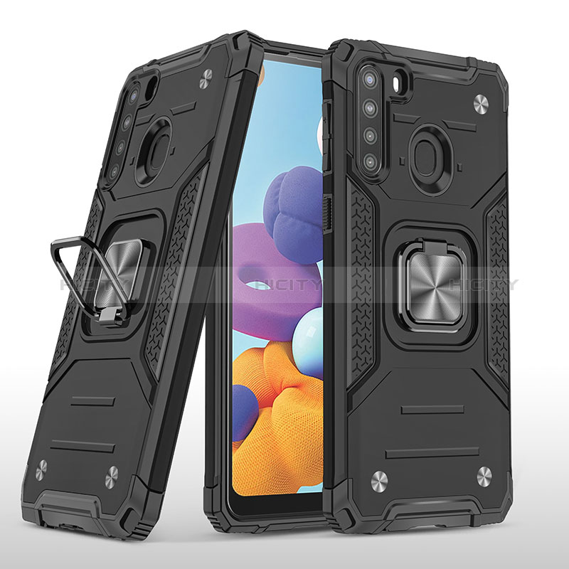 Silikon Hülle Handyhülle und Kunststoff Schutzhülle Hartschalen Tasche mit Magnetisch Fingerring Ständer MQ1 für Samsung Galaxy A21 Schwarz Plus