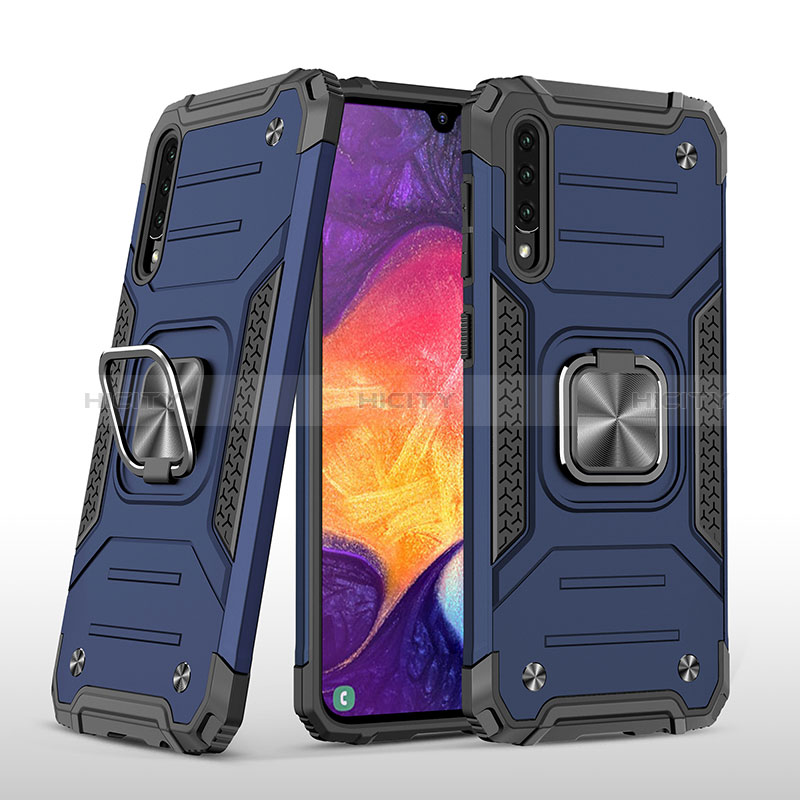 Silikon Hülle Handyhülle und Kunststoff Schutzhülle Hartschalen Tasche mit Magnetisch Fingerring Ständer MQ1 für Samsung Galaxy A50 Blau