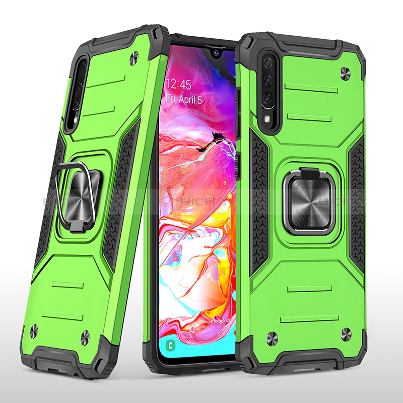 Silikon Hülle Handyhülle und Kunststoff Schutzhülle Hartschalen Tasche mit Magnetisch Fingerring Ständer MQ1 für Samsung Galaxy A70 Grün Plus