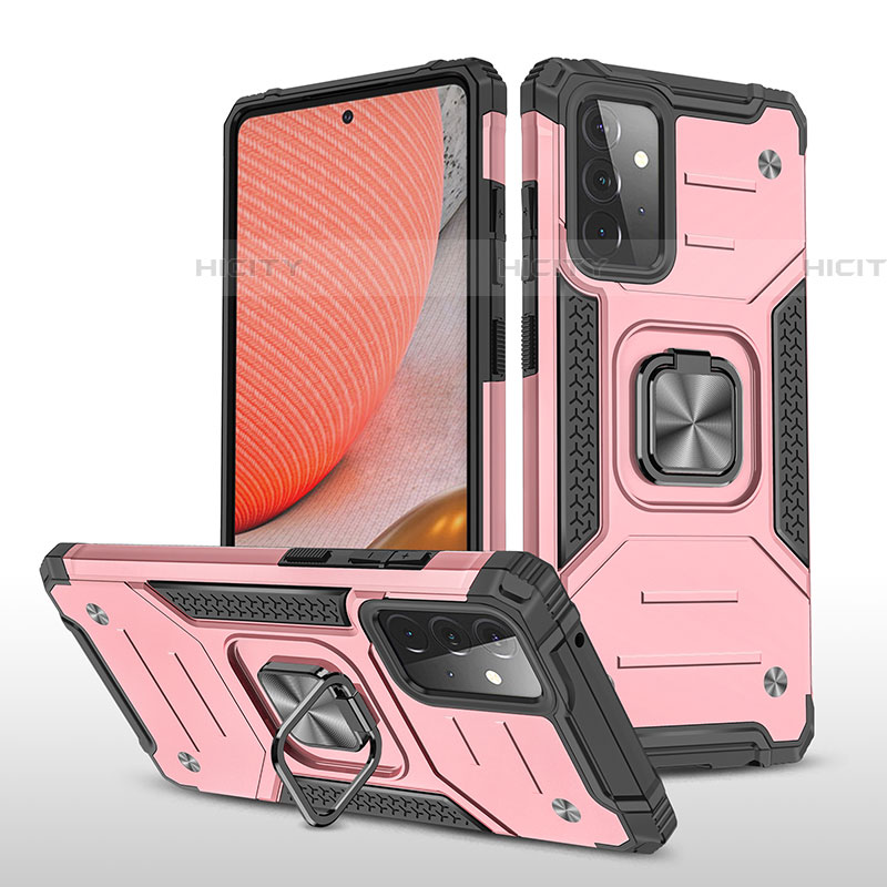 Silikon Hülle Handyhülle und Kunststoff Schutzhülle Hartschalen Tasche mit Magnetisch Fingerring Ständer MQ1 für Samsung Galaxy A72 4G Rosegold