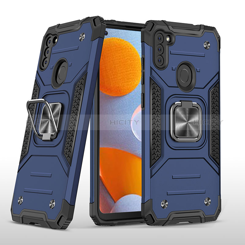 Silikon Hülle Handyhülle und Kunststoff Schutzhülle Hartschalen Tasche mit Magnetisch Fingerring Ständer MQ1 für Samsung Galaxy M11 Blau Plus