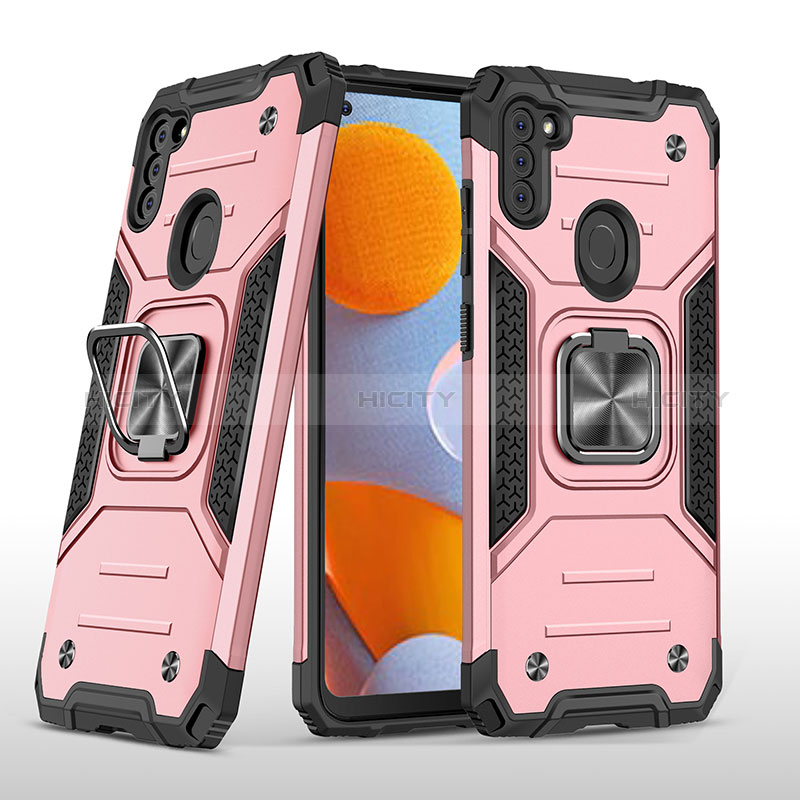 Silikon Hülle Handyhülle und Kunststoff Schutzhülle Hartschalen Tasche mit Magnetisch Fingerring Ständer MQ1 für Samsung Galaxy M11 Rosegold