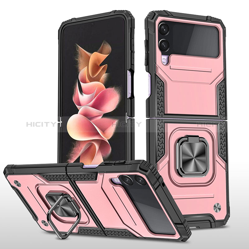 Silikon Hülle Handyhülle und Kunststoff Schutzhülle Hartschalen Tasche mit Magnetisch Fingerring Ständer MQ1 für Samsung Galaxy Z Flip3 5G Rosegold