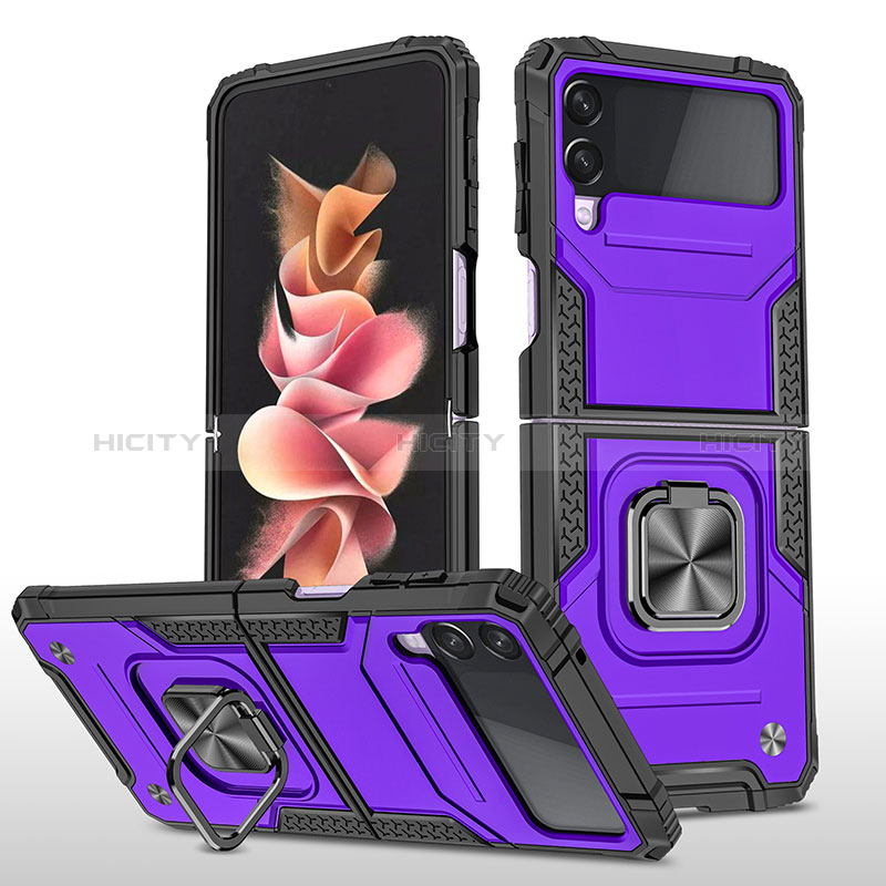 Silikon Hülle Handyhülle und Kunststoff Schutzhülle Hartschalen Tasche mit Magnetisch Fingerring Ständer MQ1 für Samsung Galaxy Z Flip3 5G Violett