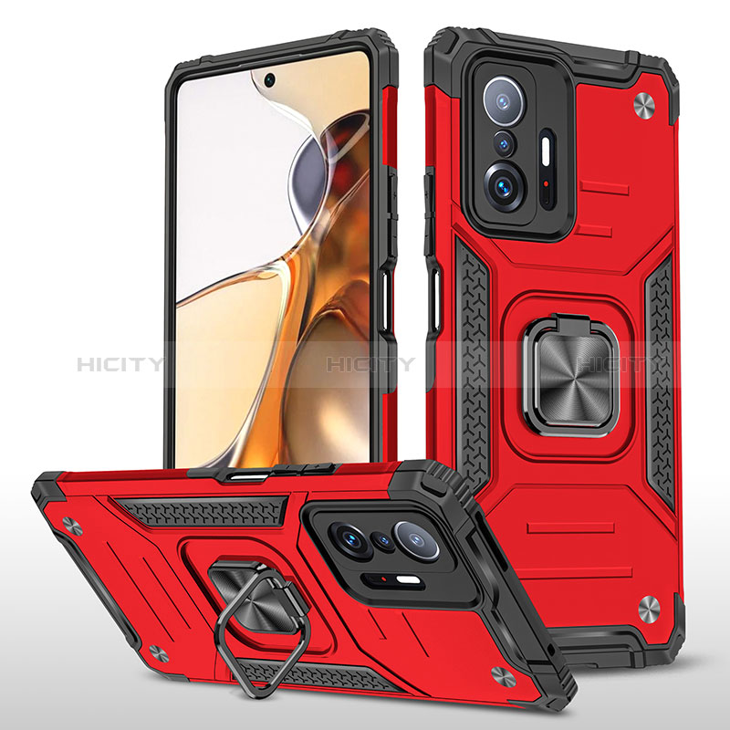 Silikon Hülle Handyhülle und Kunststoff Schutzhülle Hartschalen Tasche mit Magnetisch Fingerring Ständer MQ1 für Xiaomi Mi 11T Pro 5G Rot Plus