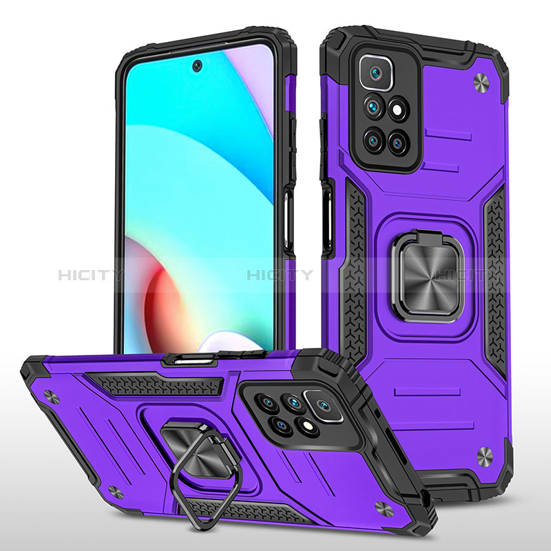 Silikon Hülle Handyhülle und Kunststoff Schutzhülle Hartschalen Tasche mit Magnetisch Fingerring Ständer MQ1 für Xiaomi Redmi 10 (2022) Violett Plus