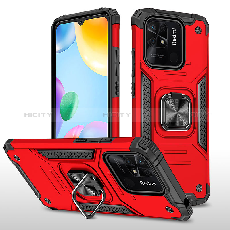 Silikon Hülle Handyhülle und Kunststoff Schutzhülle Hartschalen Tasche mit Magnetisch Fingerring Ständer MQ1 für Xiaomi Redmi 10C 4G Rot Plus