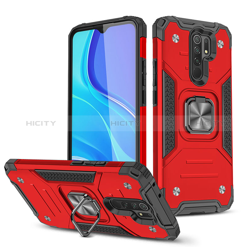 Silikon Hülle Handyhülle und Kunststoff Schutzhülle Hartschalen Tasche mit Magnetisch Fingerring Ständer MQ1 für Xiaomi Redmi 9 Rot