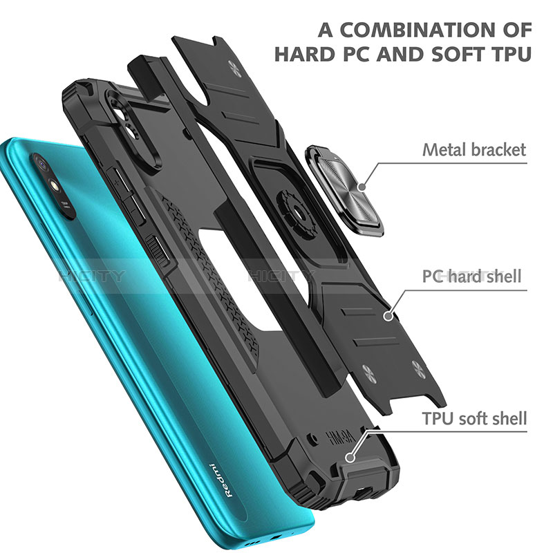 Silikon Hülle Handyhülle und Kunststoff Schutzhülle Hartschalen Tasche mit Magnetisch Fingerring Ständer MQ1 für Xiaomi Redmi 9A groß