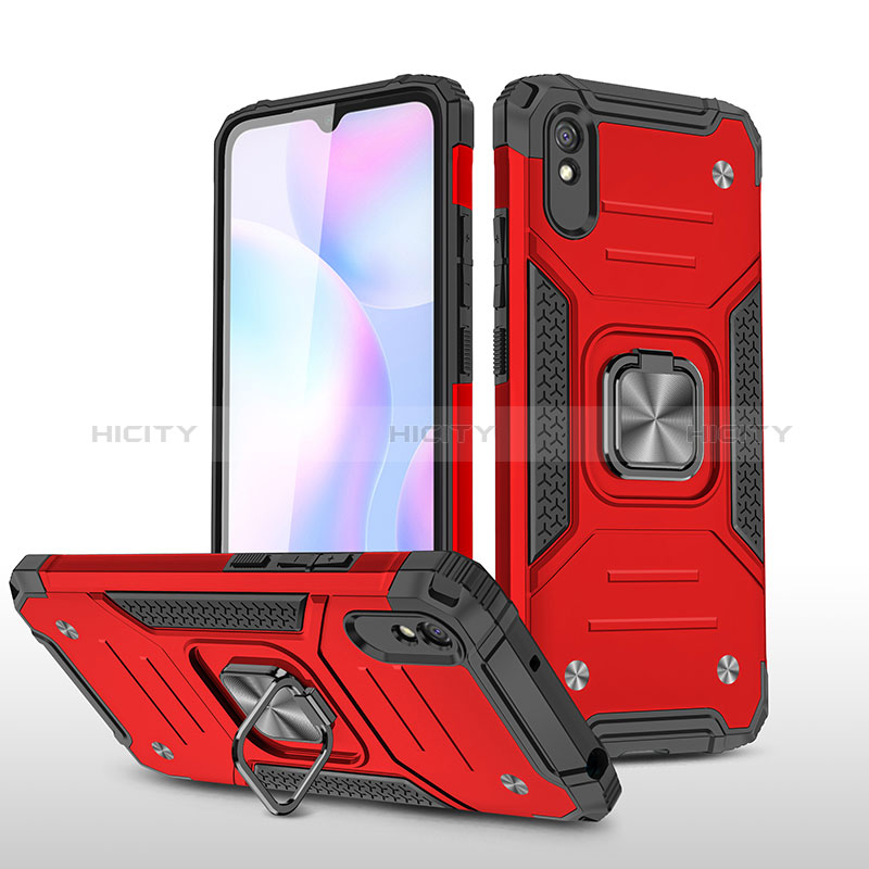 Silikon Hülle Handyhülle und Kunststoff Schutzhülle Hartschalen Tasche mit Magnetisch Fingerring Ständer MQ1 für Xiaomi Redmi 9A Rot Plus