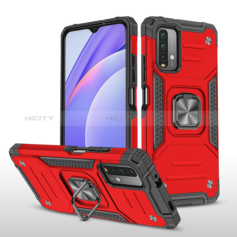 Silikon Hülle Handyhülle und Kunststoff Schutzhülle Hartschalen Tasche mit Magnetisch Fingerring Ständer MQ1 für Xiaomi Redmi 9T 4G Rot