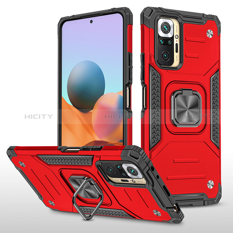 Silikon Hülle Handyhülle und Kunststoff Schutzhülle Hartschalen Tasche mit Magnetisch Fingerring Ständer MQ1 für Xiaomi Redmi Note 10 Pro 4G Rot Plus