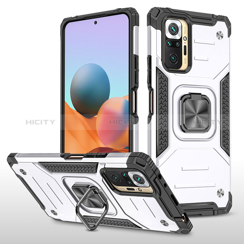 Silikon Hülle Handyhülle und Kunststoff Schutzhülle Hartschalen Tasche mit Magnetisch Fingerring Ständer MQ1 für Xiaomi Redmi Note 10 Pro Max Silber Plus