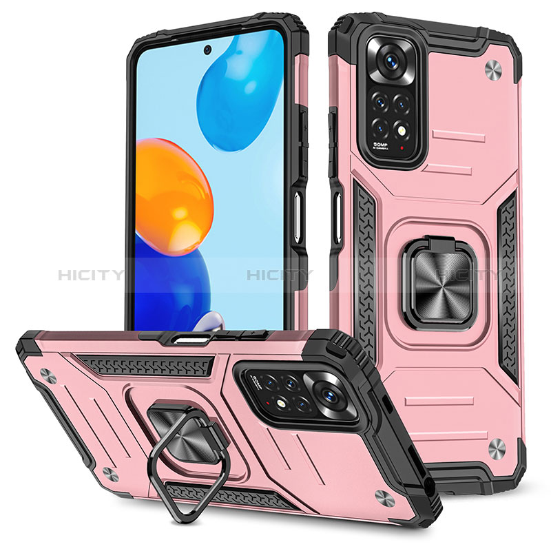 Silikon Hülle Handyhülle und Kunststoff Schutzhülle Hartschalen Tasche mit Magnetisch Fingerring Ständer MQ1 für Xiaomi Redmi Note 11S 4G Rosegold