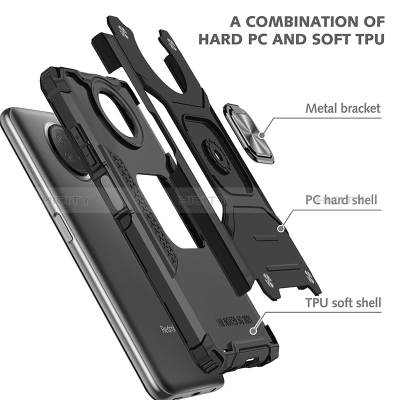 Silikon Hülle Handyhülle und Kunststoff Schutzhülle Hartschalen Tasche mit Magnetisch Fingerring Ständer MQ1 für Xiaomi Redmi Note 9T 5G