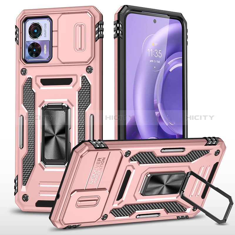 Silikon Hülle Handyhülle und Kunststoff Schutzhülle Hartschalen Tasche mit Magnetisch Fingerring Ständer MQ2 für Motorola Moto Edge 30 Lite 5G Rosegold