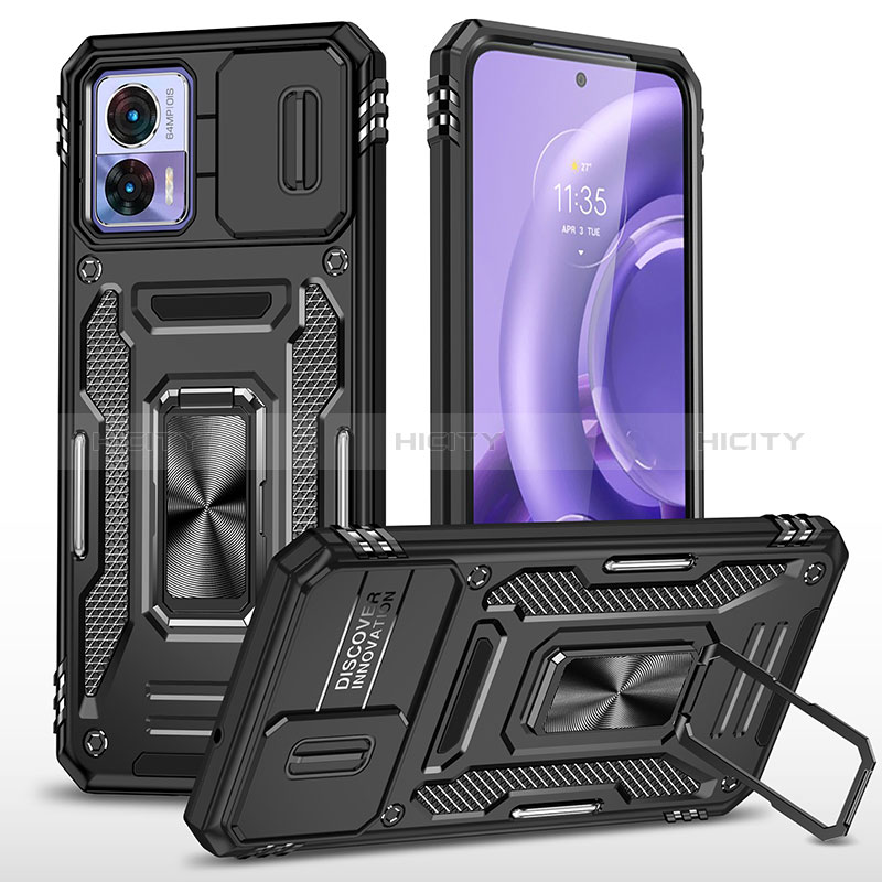 Silikon Hülle Handyhülle und Kunststoff Schutzhülle Hartschalen Tasche mit Magnetisch Fingerring Ständer MQ2 für Motorola Moto Edge 30 Lite 5G Schwarz