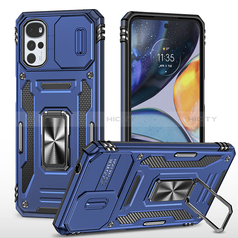 Silikon Hülle Handyhülle und Kunststoff Schutzhülle Hartschalen Tasche mit Magnetisch Fingerring Ständer MQ2 für Motorola Moto G22 Blau