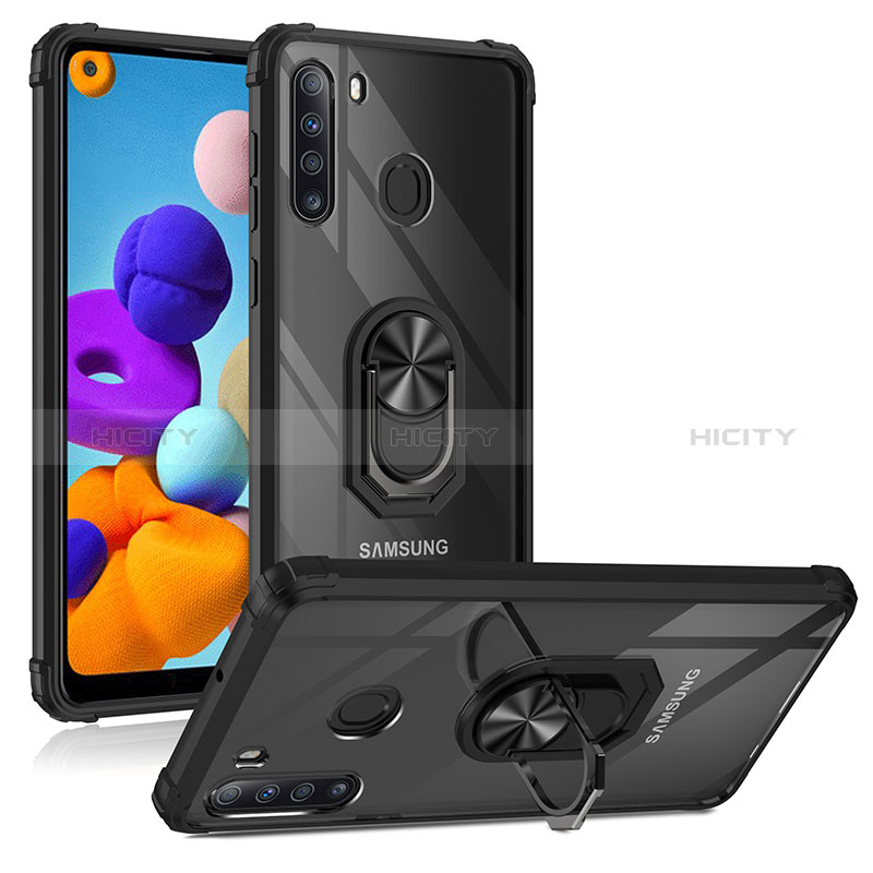 Silikon Hülle Handyhülle und Kunststoff Schutzhülle Hartschalen Tasche mit Magnetisch Fingerring Ständer MQ2 für Samsung Galaxy A21