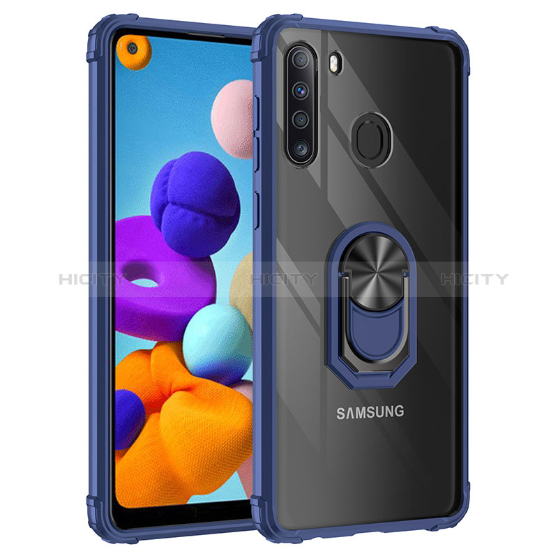 Silikon Hülle Handyhülle und Kunststoff Schutzhülle Hartschalen Tasche mit Magnetisch Fingerring Ständer MQ2 für Samsung Galaxy A21 Blau