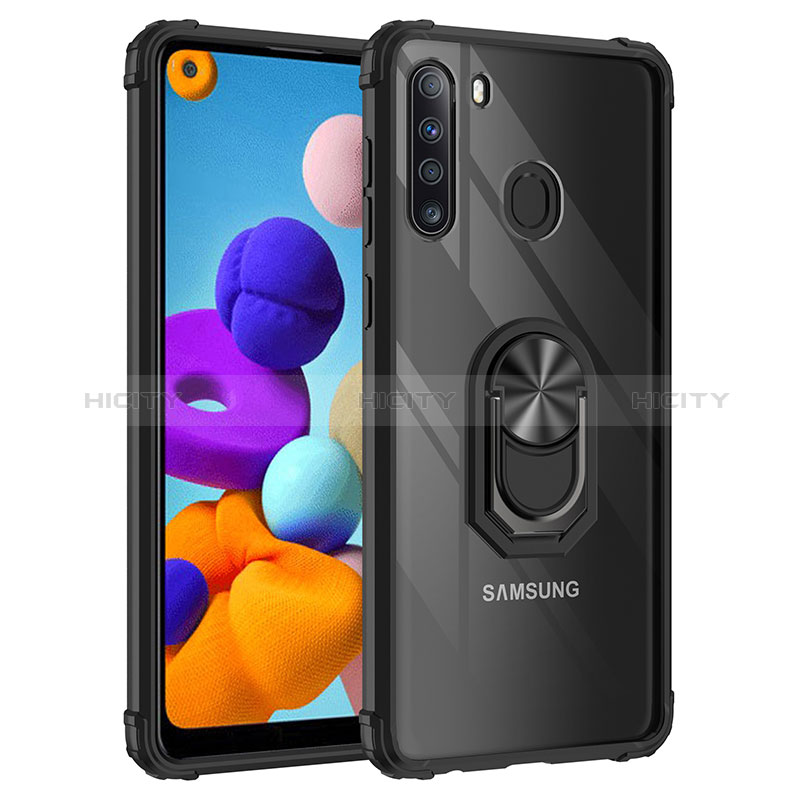 Silikon Hülle Handyhülle und Kunststoff Schutzhülle Hartschalen Tasche mit Magnetisch Fingerring Ständer MQ2 für Samsung Galaxy A21 Schwarz