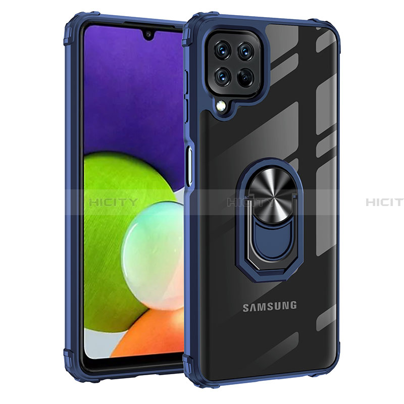 Silikon Hülle Handyhülle und Kunststoff Schutzhülle Hartschalen Tasche mit Magnetisch Fingerring Ständer MQ2 für Samsung Galaxy A22 4G Blau