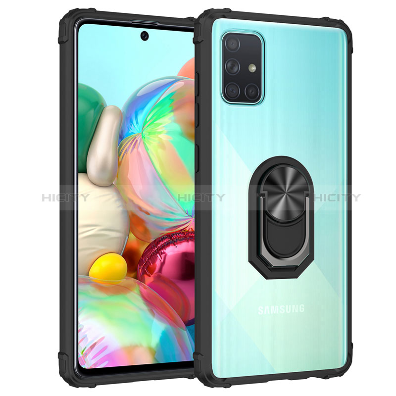 Silikon Hülle Handyhülle und Kunststoff Schutzhülle Hartschalen Tasche mit Magnetisch Fingerring Ständer MQ2 für Samsung Galaxy A51 4G Schwarz