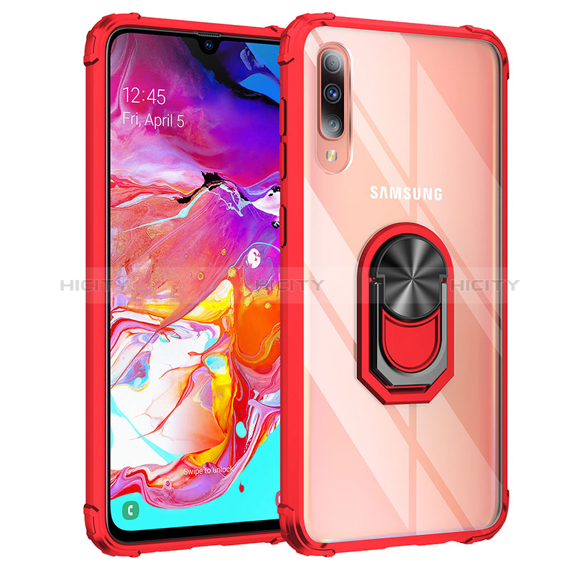 Silikon Hülle Handyhülle und Kunststoff Schutzhülle Hartschalen Tasche mit Magnetisch Fingerring Ständer MQ2 für Samsung Galaxy A70 Rot