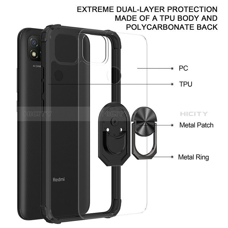 Silikon Hülle Handyhülle und Kunststoff Schutzhülle Hartschalen Tasche mit Magnetisch Fingerring Ständer MQ2 für Xiaomi Redmi 9 India groß