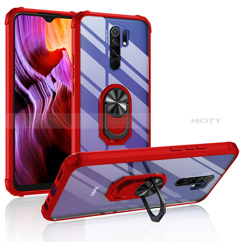 Silikon Hülle Handyhülle und Kunststoff Schutzhülle Hartschalen Tasche mit Magnetisch Fingerring Ständer MQ2 für Xiaomi Redmi 9 Rot