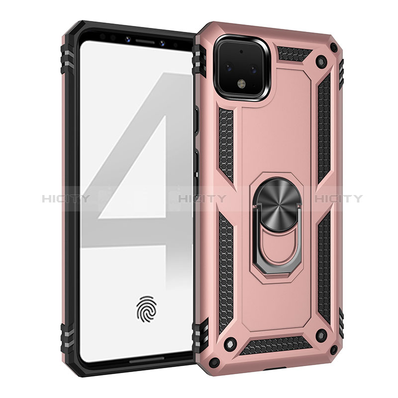 Silikon Hülle Handyhülle und Kunststoff Schutzhülle Hartschalen Tasche mit Magnetisch Fingerring Ständer MQ3 für Google Pixel 4 Rosegold Plus