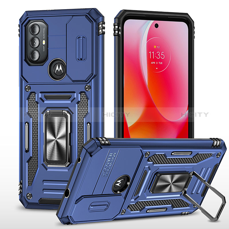 Silikon Hülle Handyhülle und Kunststoff Schutzhülle Hartschalen Tasche mit Magnetisch Fingerring Ständer MQ3 für Motorola Moto G Play (2023) Blau