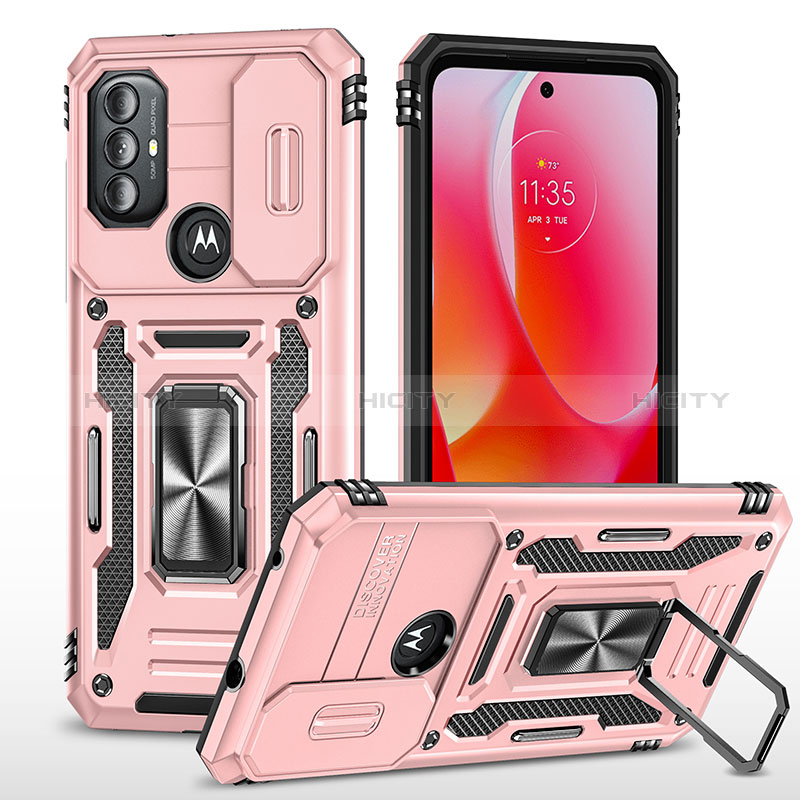 Silikon Hülle Handyhülle und Kunststoff Schutzhülle Hartschalen Tasche mit Magnetisch Fingerring Ständer MQ3 für Motorola Moto G Play Gen 2 Rosegold