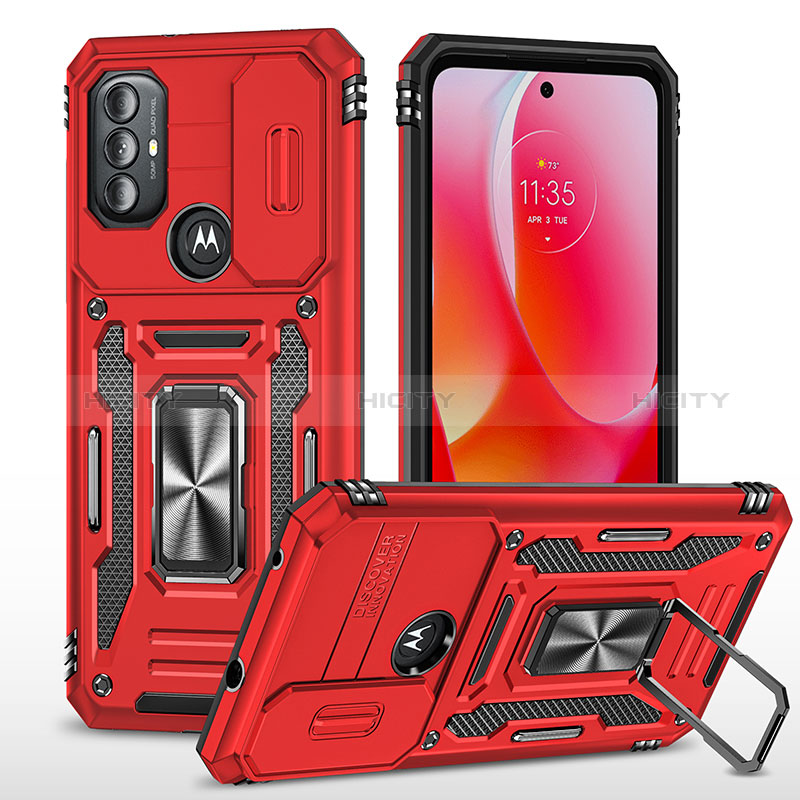 Silikon Hülle Handyhülle und Kunststoff Schutzhülle Hartschalen Tasche mit Magnetisch Fingerring Ständer MQ3 für Motorola Moto G Power (2022) Rot Plus