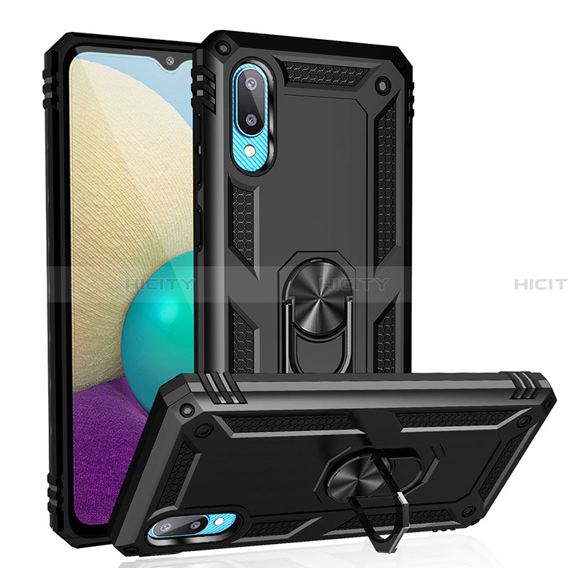 Silikon Hülle Handyhülle und Kunststoff Schutzhülle Hartschalen Tasche mit Magnetisch Fingerring Ständer MQ3 für Samsung Galaxy A02 Schwarz Plus