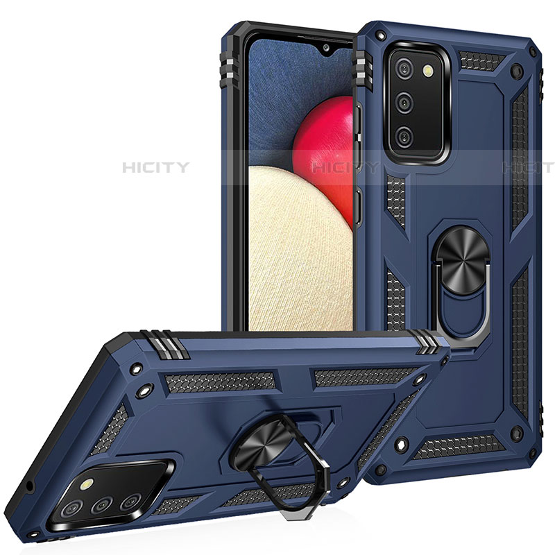 Silikon Hülle Handyhülle und Kunststoff Schutzhülle Hartschalen Tasche mit Magnetisch Fingerring Ständer MQ3 für Samsung Galaxy A03s Blau Plus