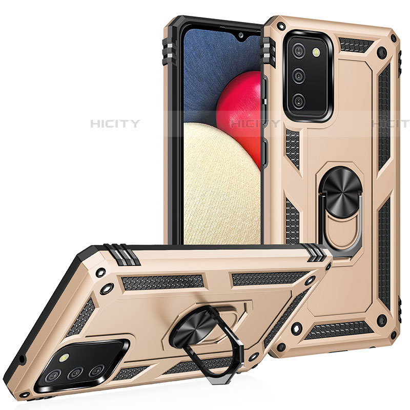 Silikon Hülle Handyhülle und Kunststoff Schutzhülle Hartschalen Tasche mit Magnetisch Fingerring Ständer MQ3 für Samsung Galaxy A03s Gold