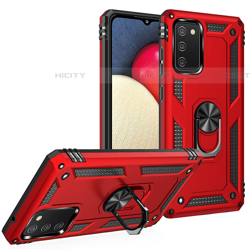 Silikon Hülle Handyhülle und Kunststoff Schutzhülle Hartschalen Tasche mit Magnetisch Fingerring Ständer MQ3 für Samsung Galaxy A03s Rot Plus